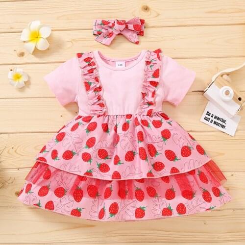 Summer Baby Girl Pink Sweet Girl Cute Princess Dresses Strawberry Print Ruffle Mini Holiday Dresses Newborn Toddler Girl Clothes
