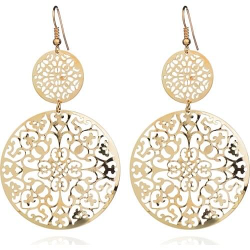 Hot Sale Trendy Simple Dangle Gold/Black Color Long Earrings For Women Classic Pattern Hollow Round Bijouterie Wholesale