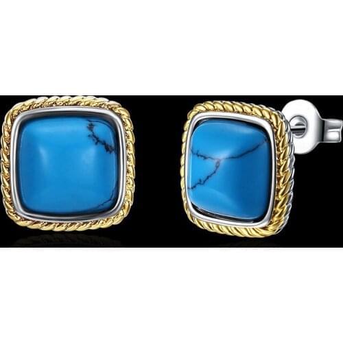Fashion Square Shape Kallaite Stone Stud Earrings For Women White Gold/Gold Color Bi-color Plated Jewelry Vintage Bijoux LKS004