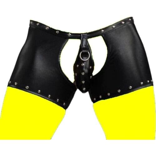 Mens Faux Leather Tight Back Forth Hollow Revealing Root Thigh Open Crotch Erotic Seduction Bind Fad Rivet Tight Leather Shorts