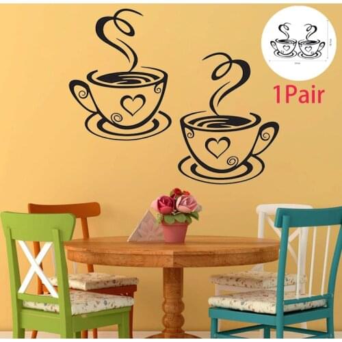 Decals Pair of Coffee Cups Wall Stickers Heart Shape Vinyl Wall Decal for Dining Room Removable Decoration Cafe