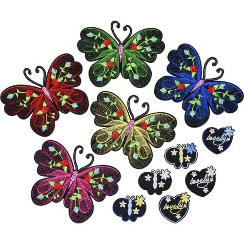 Big Butterfly Embroidery Patches Iron on Lovely Heart Shaped Badges DIY Thermo Stickers for Clothes Hole Patch Floral Appliques