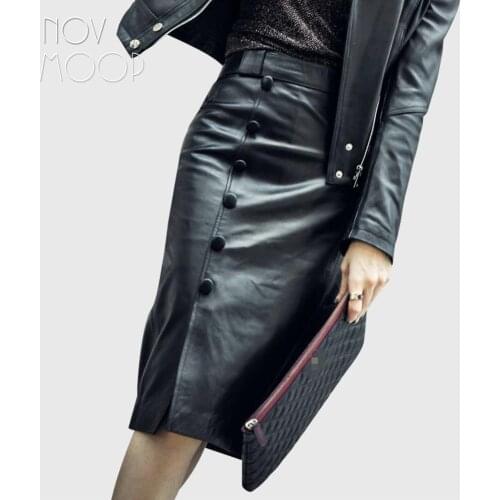 Novmoop 2020 office lady button decor elegent style genuine leather sheepskin women pensil skirt Jupe crayon en cuir LT3263