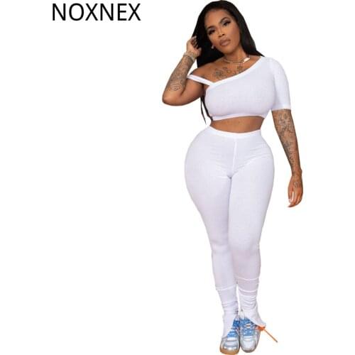 NOXNEX Womens Two Piece Shoulder Short Top + Tight Split Trousers Significantly High and Leg Length Spring and Autumn Clothes