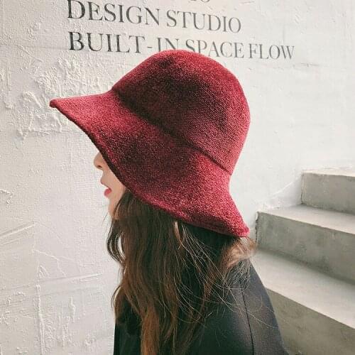 Solid Color Wool Bucket Hat Womens Autumn and Winter Fisherman Vintage Knitting Basin Cap