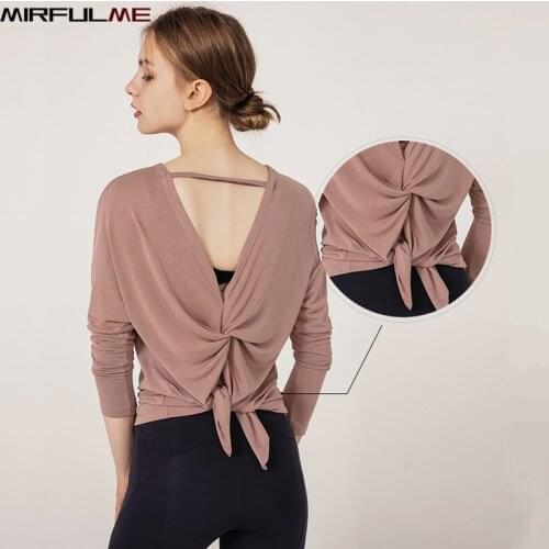 Autumn Women Sport Shirt Loose Yoga Shirt Cross Bandage Running Tee Tops Female Long Sleeve Gym Fitness T-shirts Backless Blouse
