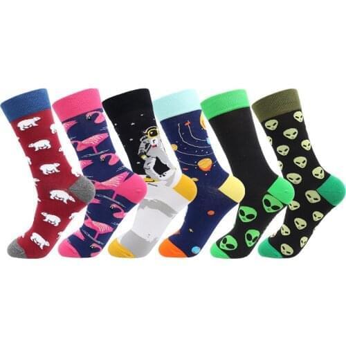 Funny Happy Cotton Socks Men Women Fashion Skateboard Socks Harajuku with Alien 3D Bear Flamingo Pattern Geometric Embroidery
