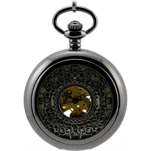 Luminous Black Retro Automatic Mechanical Pocket Watch Mens Watch Women Hollow Key Chain Clock Pendant Reloj de Bolso Saat