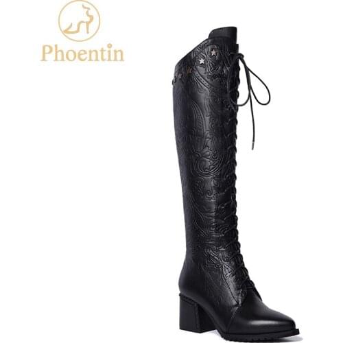 Phoentin black lace-up high knee boots fretwork 2020 zipper genuine leather boots women five stars metal decoration shoes FT475