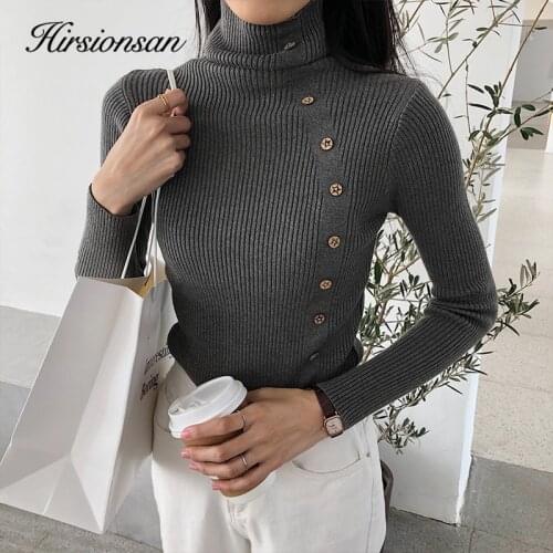 Hirsionsan Basic Slim Sweater Women Turtleneck High Elasticity Button Pullover Solid Color Warm Winter Jumper Bottoming Knitted