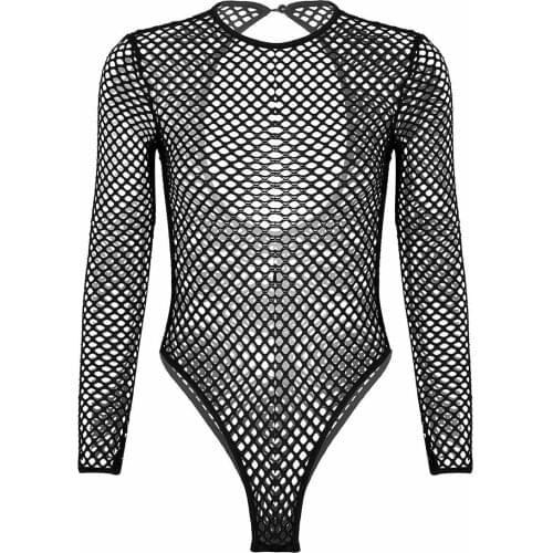Women One Piece Sexy Bodysuit Nightwear Fishnet See Through Sheer Lingerie Long Sleeve High Cut Tank Thong Leotard Jumpsuit