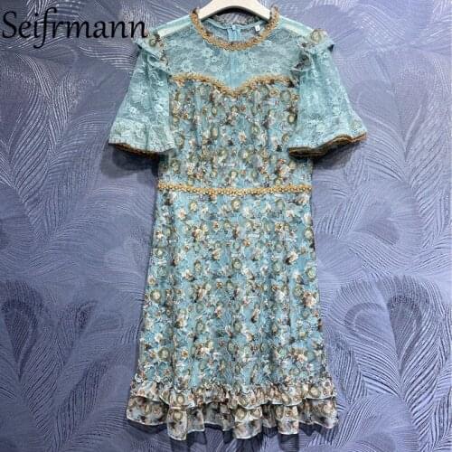 Seifrmann New 2021 Summer Women Fashion Runway Midi Dress Flare Sleeve Gorgeous Lace Ruffles Floral Print Ladies A-Line Dresses