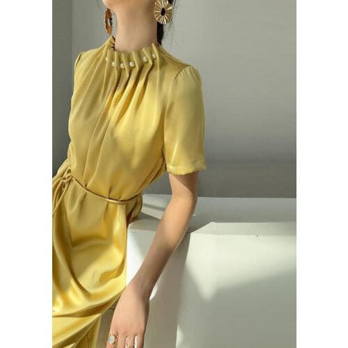 Pearl collar dress 2021 womens summer new light cooked French high-end temperament high-grade acetate satin skirt