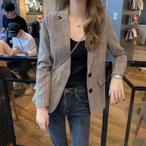 Chic Plaid Blazer Student Casual Office Blazer Korean Fashion Simple All-Match Jacket Temperament Coats Spring Autumn Thin Suit