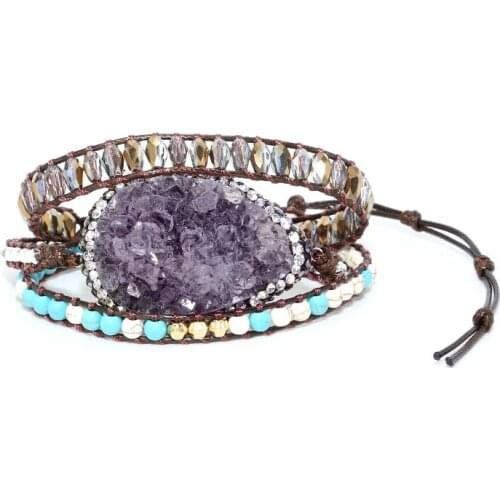 Natural Stones Crystal Quartz Charm 3 Strands Wrap Bracelets Handmade Boho Bracelet Women Leather Bracelet gift jewelry