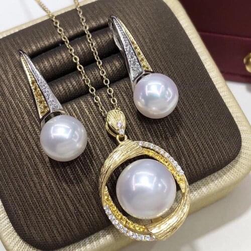 D809 Pearl Set Fine Jewelry 925 Sterling Silver Round 9-13mm Nature Fresh Water White Pearls Jewelry Sets for Women Presents