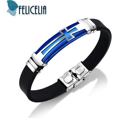 Felicelia Retro Men Black Silicone Wristband Cross Bracelet Bangle Stainless Steel Wrap Bracelet Friendship Jewelry, 3 Colors