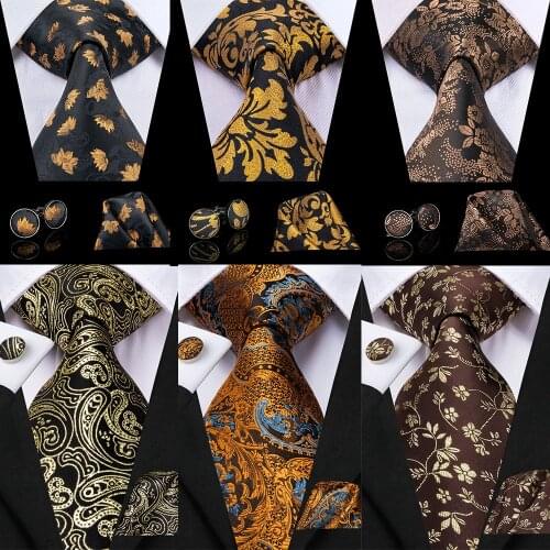 Hi-Tie Mens Tie Set Gold Black Paisley Silk Wedding Ties For Men New Fashion Design Quality Hanky Cufflinks Set Dropshipping