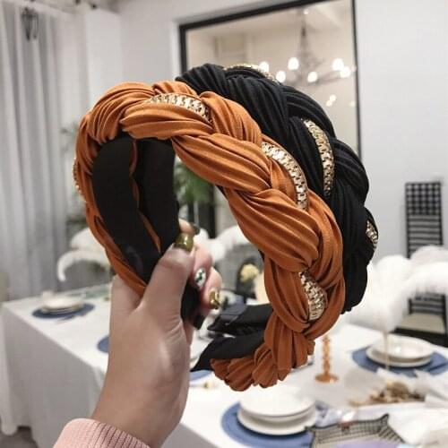 Fashion Luxury Hair Accessories Women Solid Color Pleated Alloy Chain Twist Braids Wide-band Headband Hairbands Wild Hair Bands