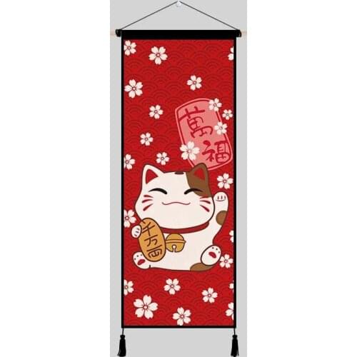 Japanese Style Lucky Cat Wall Art Canvas Poster Scroll Hanging Painting for Dining Room Hanging Tapestry Home Decor Aesthetic