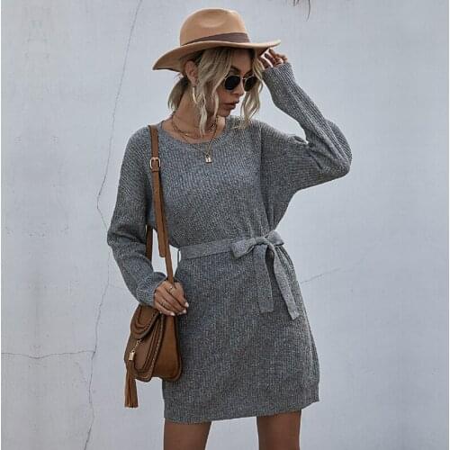 Autumn Winter Loose Womens Sweater Dress Female O-Neck Long Sleeve Solid Long Sweather Pullover Sashes