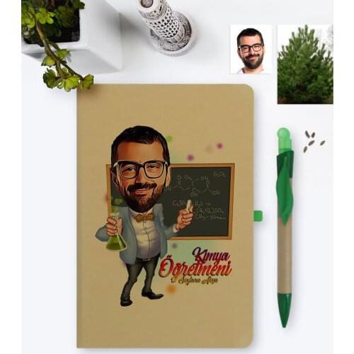 Personalized Mr Chemistry Teacher Caricature Of notebook And Seeded Pen set-1