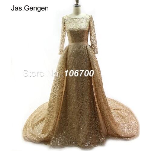 Real Photos Two Piece Evening Dress robe de soiree Long Sleeves Detachable Over Skirt Bling Glittering Fabric Pageant Prom Gowns