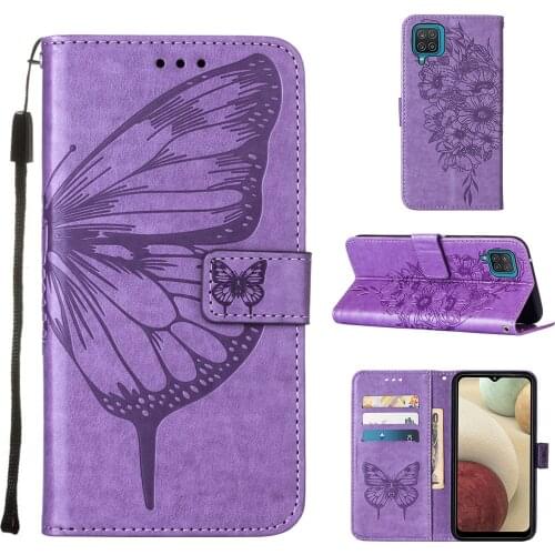 Embossed Flying Butterfly Leather Phone Case For Samsung Galaxy A12 Vintage Card Slot Pocket Stand Wallet Cover