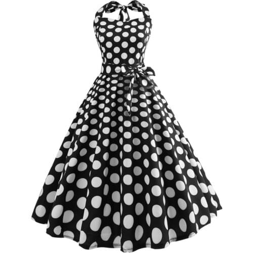 Retro Vintage Style Sleeveless with Bow 3D Skull Floral Printed 2018 Summer dot black Women Dress Halter Party Sexy Casual Dress