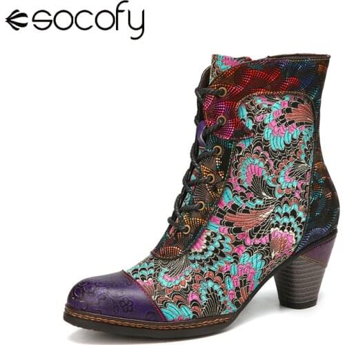 SOCOFY Ladies Boots Elegant Embossed Genuine Leather Floral Embroidery Splicing Warm Lining Chunky Heel Short Boots Winter 2020