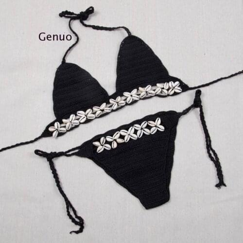 Super Sexy Micro Crochet Bikini with Shell White Black Thong Bikini Swimwear Handmade Crochet Swimsuit Knitting Bathing Suit