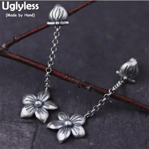 Uglyless Real S925 Thai Sterling Silver Women Romantic Flower Drop Earrings Handmade Engraved Lotus Earrings Ethnic Fine Jewelry