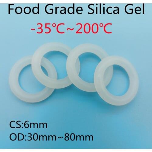 50pcs VMQ O Ring Seal Gasket Thickness CS 6mm OD30 ~ 80mm Silicone Rubber Insulated Waterproof Washer Round Shape White Nontoxic