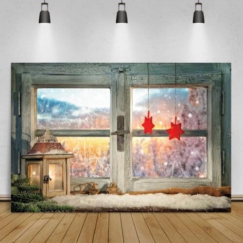 Vinyl Wood Background For Photography Window Sill Lantern Snow Pine Tree Morning Scenic Photo Backdrop Photo Studio Photophone
