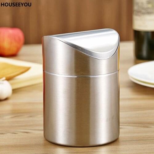 Stainless Steel Storage Boxes & Bins Silver Mini Table Dustbin Desk Trash Box Waste Container Rolling Cover Type Rubbish Bin