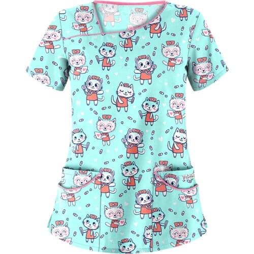 Working Nurse Uniform Blouse Cartoon Printing Sleeve Pocket V Neck Nursing Clothes for Women 2021 New Fashion T Shirt Short