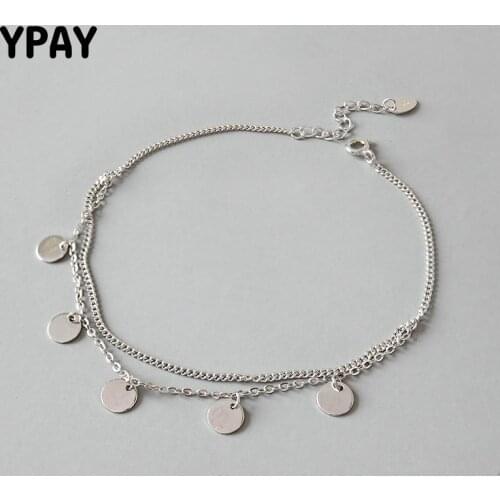 YPAY Simple Design Double Layer Anklets For Women Polish Round Charm Real 925 Sterling Silver Foot Chain Ankle Bracelet YMA030