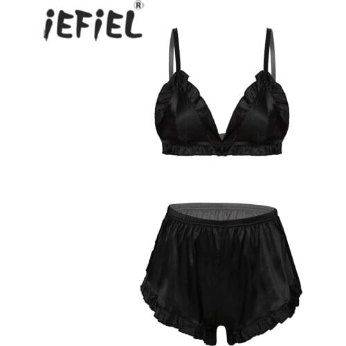 Women Summer Sissy Lingerie Set Ruched Exotic Apparel Strappy Bra Tank with Elastic Waistband Shorts Pants Nightwear Clubwear