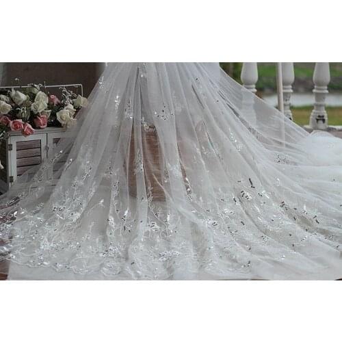 Alencon Ivory Sequins High Quality Cord Bridal Lace Fabric High Fine Workmanship Tulle Mesh Embroidered Wedding Lace Decoration