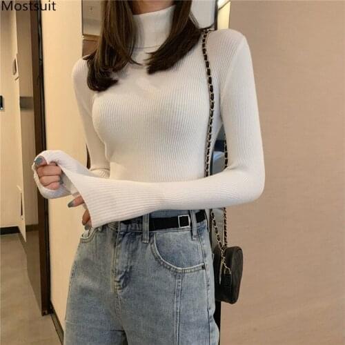 Spring Autumn Elegant Long Sleeve Turtleneck Sweater Women Jumpers Slim Bodycon Pullover Knitted Tops Chic Korean Style