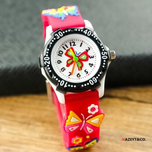 Children cartoon gift watch boys girls 3D butterfly dial sports soft safety silicone kids Arabic no. easy learn time clock