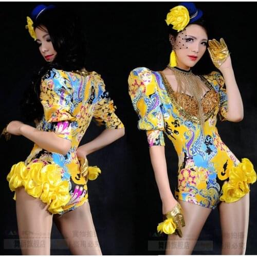 Jazz Dance Costumes Yellow Fashion Print Bodysuit Pole Dancing Clothes Nightclub Dj Female Hip Hop Outfit Rave Stage Wear DT1083