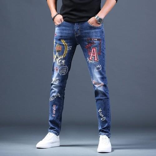 Men Jeans Stretch Straight Pants Slim Fit Hip Hop Streetwear Young Printed Blue Denim Trousers