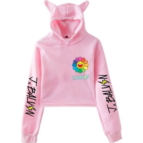 J BALVIN Sweatshirts Girls Kpop Cat ears Cropped Hoodies Women Hooded Pullover Crop Top Female Harajuku blouses girl Clothing