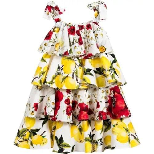 Summer Kids Dresses Girls Flower Print Suspender Cake Dress Kids Elegant Princess Dress Children Party Ball Pageant Dress Outfit