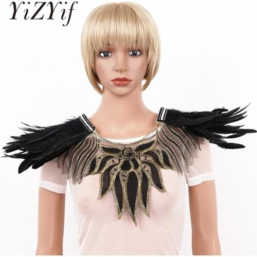 Feather Shawl Fake Collar Gothic Victorian Natural Feather Embroidery Lace Faux Pearl Cape Shawl Shoulderpad Costume Decoration