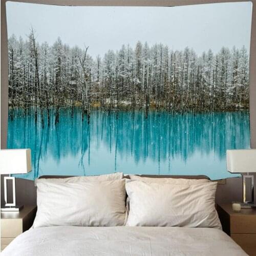 Forest tree tapestry wall decor tenture murale tapiz decorativo blue lake aesthetic tapestry nature