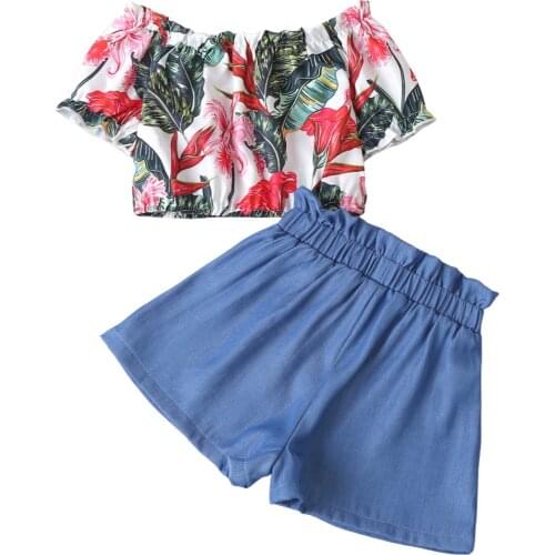 New Girl’s Short-sleeved and Shorts Set Fashion Plant Print Boat Neck T-shirt and Solid Color Short Pants