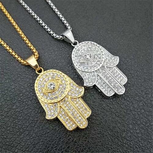 Dropship Arabic Hamsa Hand Pendant Necklace Women Men Amulet Stainless Steel Silver Color Hand of Fatima Choker Islamic Jewelry