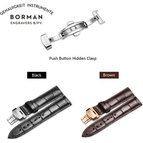 BORMAN Black Brown Leather Watch Strap Push Button Hidden Clasp Butterfly buckle Width 22mm 21mm 20mm With Watch Strap Removal